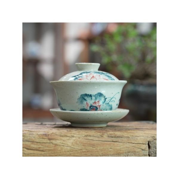 Gaiwán pintado a mano para té, cerámica de ciruela con tapa, té, juego de té de Pino Kung Fu, taza china, tazones de té, bambú 150 ml