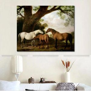 Peint à la main George Stubbs cheval peinture deux juments Shafto et un poulain toile Art classique paysage famille chambre décor