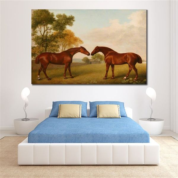 Peint à la main George Stubbs cheval peinture deux chevaux dans un enclos toile Art classique paysage famille chambre décor