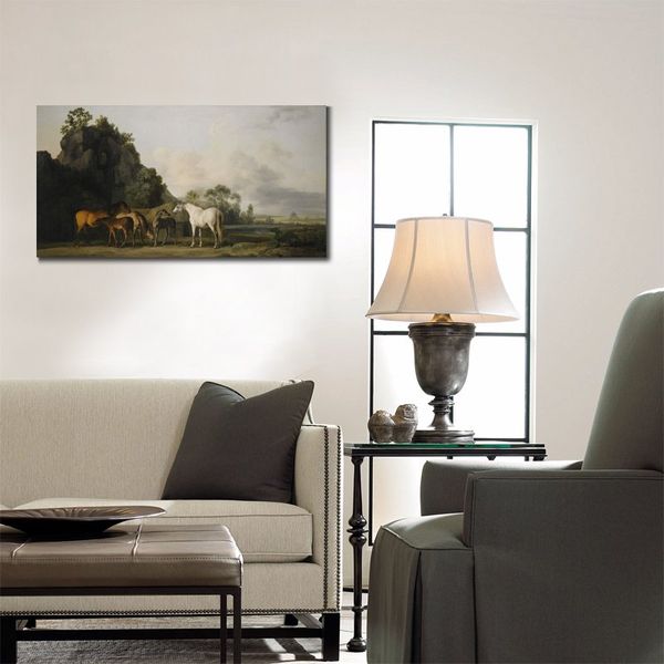 Peint à la main George Stubbs cheval peinture poulinières et poulains toile Art classique paysage famille chambre décor