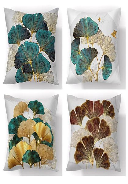 Funda de almohada con hojas de Ginkgo pintada a mano, fundas de cojines florales modernos de felpa corta de poliéster para decoración de sala de estar, cojines 9446878