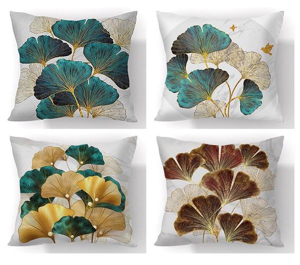 Funda de almohada con hojas de Ginkgo pintada a mano, fundas de cojines florales modernos de felpa corta de poliéster para decoración de sala de estar, cojines 5838222