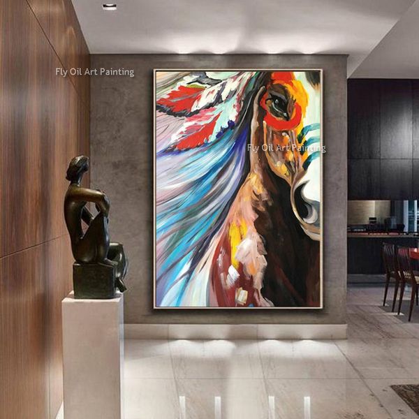 Peinture à l'huile de cheval peinte à la main sans cadre Impression sur toile Oeuvre de peinture de cheval colorée Toile Art mural animal pour décor de chambre comme meilleur cadeau