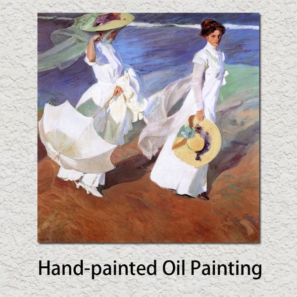 Pinturas al óleo pintadas a mano de Joaquín Sorolla Bastida paseando por la orilla del mar paisajes arte para decoración de pared 321J