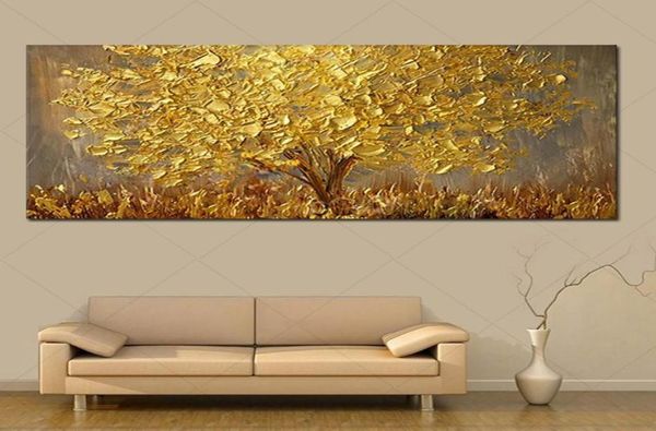 Cuchillo pintado a mano, pintura al óleo de árbol dorado sobre lienzo, paleta grande, pinturas 3D para sala de estar, imágenes artísticas de pared abstractas modernas5267099