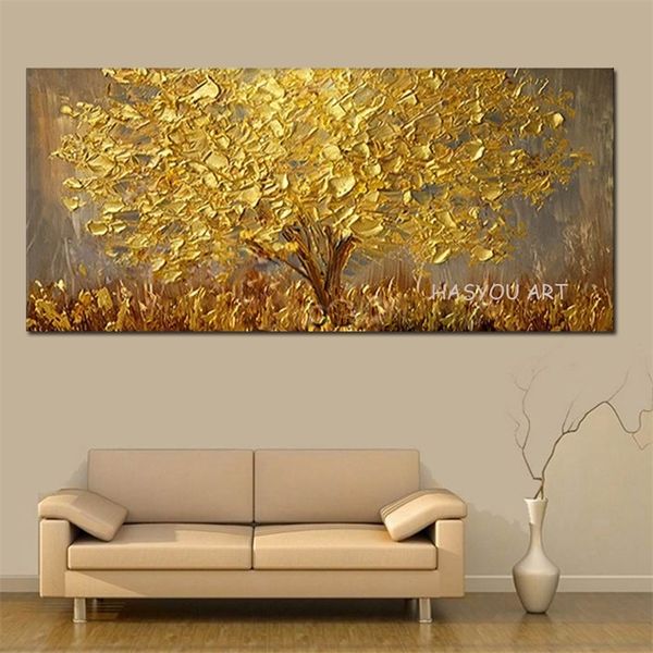 Cuchillo pintado a mano Golden Tree Streetscape pintura al óleo sobre lienzo AbstractScenery Pictures Wall Art Street Paisaje Pinturas T200118