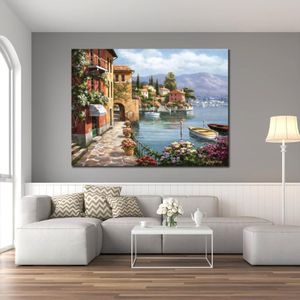 Peinture de paysage italien d'art moderne peint à la main sur toile, illustration d'arc méditerranéen, village du lac Sung Kim pour décoration murale 237n