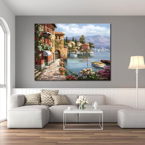 Arte moderno pintado a mano, pintura de paisaje italiano sobre lienzo, obra de arte del arco mediterráneo Sung Kim Lake Village para decoración de pared 211D