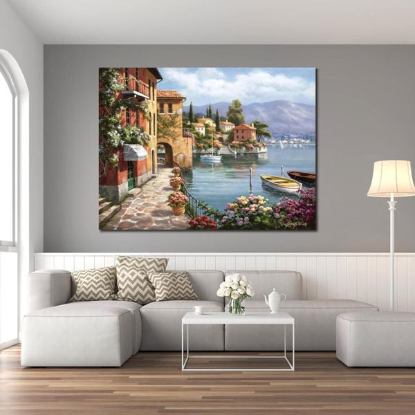 Arte moderno pintado a mano, pintura de paisaje italiano sobre lienzo, obra de arte del arco mediterráneo Sung Kim Lake Village para decoración de pared 199T