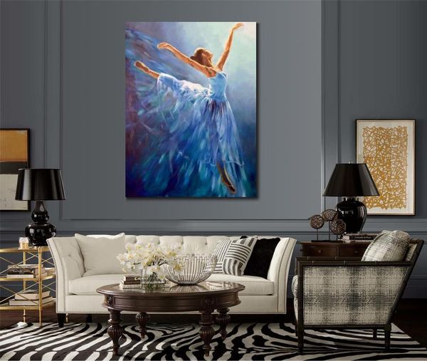 Pintado a mano pintura al óleo figura bailando bailarina en azul abstracto moderno hermoso lienzo arte mujer obra de arte para la decoración del hogar