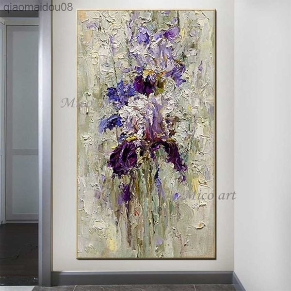 Pintado a mano pintura de flores púrpura pintura al óleo hecha a mano flor de glicinia pintura de la lona artista moderno decoración del hogar arte de la pared L230704