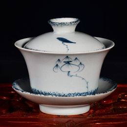 Handgeschilderde retro gaiwan blauw en wit porselein theedeksel Jingdezhen keramische Sancai theekom oude theekopje301i