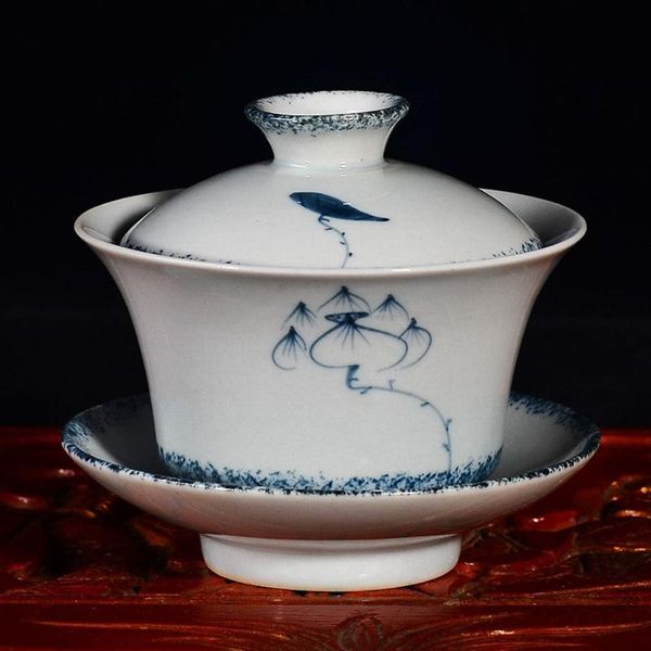 Cubierta para té de porcelana azul y blanca retro pintada a mano, tazón de té Sancai de cerámica Jingdezhen, taza de té antigua 266W