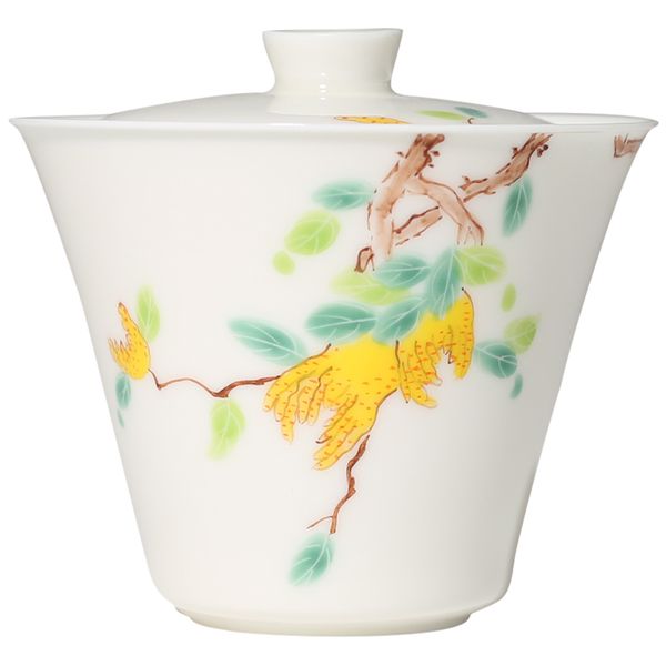 Tazón cubierto Sancai pintado a mano, tazón de té de cerámica de porcelana blanca para el hogar, accesorios de sopera de té de neumático fino, decoración del hogar