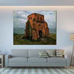 Handgeschilderde getextureerde canvas kunst land kerkhof en oude kerktoren Vincent van Gogh schilderij stilleven eetkamer decor