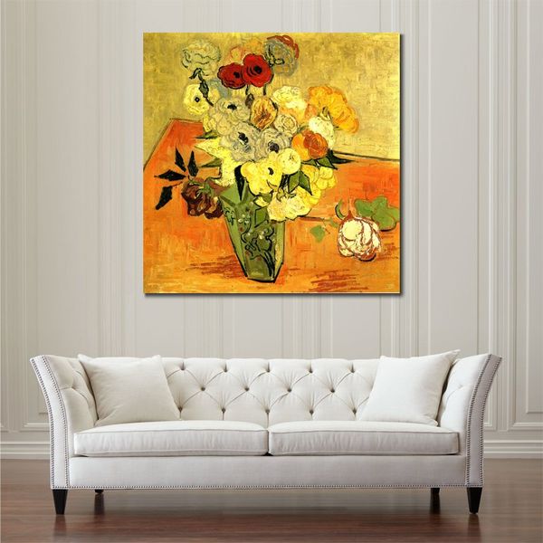 Peint à la main texturé toile Art japonais Vase avec des roses et des anémones Vincent Van Gogh peinture nature morte décor de salle à manger