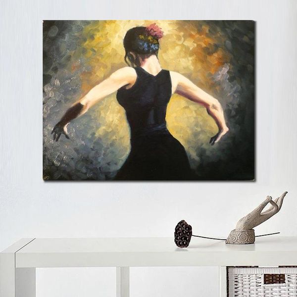 Lienzo figurativo texturizado pintado a mano, arte de bailarina de Flamenco orgullosa, arte de baile de realismo romántico, decoración colorida para dormitorio