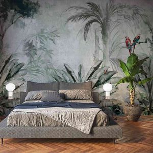 Mural de pared pintado a mano con hojas de plantas tropicales, hoja de plátano, Pastoral, dormitorio, sala de estar, sofá, TV, fondo, foto personalizada