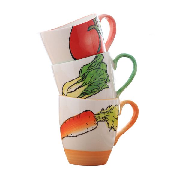 Tazas de café de cerámica con motivos vegetales pintados a mano, taza de agua de leche japonesa creativa de 11 oz, taza de té para el hogar, oficina, escuela, restaurante