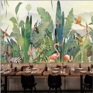 Handgeschilderde wallpapers Zuidoost-Aziatische tropische groene plant flamingo nordic ins netto rode achtergrond behang muurschildering