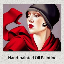 Handgeschilderde Vrouw Olieverfschilderijen Tamara De Lempicka Herfst Zephyr Fleuren Rood Zwarte Hoed Canvas Kunstwerk voor Thuis Decor253a