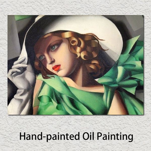 Pinturas al óleo de mujer pintadas a mano Tamara De Lempicka chica en detalles verdes ilustraciones en lienzo para decoración del hogar 265w