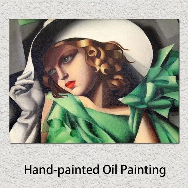 Pinturas al óleo de mujer pintadas a mano Tamara De Lempicka chica en detalles verdes ilustraciones en lienzo para decoración del hogar 263n