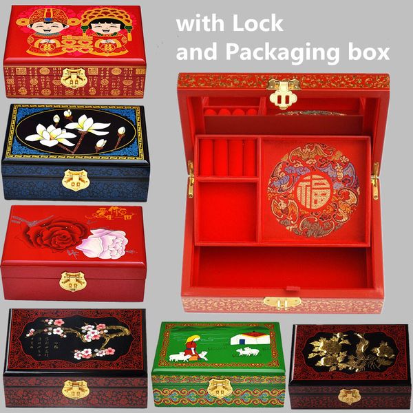 Boîtes en bois peintes à la main, boîte de rangement décorative, cadeau d'anniversaire de mariage, boîte à bijoux à 2 couches avec serrure, laque chinoise, étui de montre cosmétique