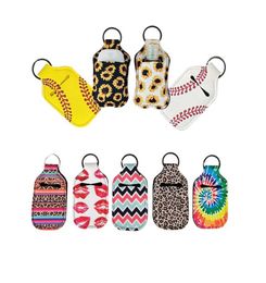 Hand Sanitizer Neopreen Sleeve Key Ring 30ml Liquid Soap Bottle Holder Keychain Softbal Afdrukken Women Men Men Draagbare flesjes Cover1257225