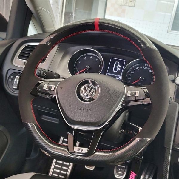 Couture à la main en fibre de carbone cuir suédé noir fil rouge couverture d'enveloppe de volant adaptée pour Volkswagen Golf 7 Mk7 Passat B8 2016-201282R