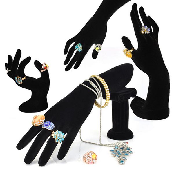 Soporte de anillo en forma de mano, soporte para brazalete, estante para exhibir joyas, estante para anillos, maniquí femenino de terciopelo negro Hand238R
