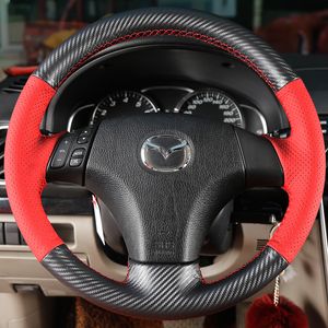 Handsteek Koolstofvezel Niet-slip rode lederen auto stuurwielafdekking voor Mazda 3 Axela 2004-2008 2009 Mazda 5 2004-2010