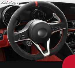 Couvercle de volant en voiture alcantara noir cousu à la main pour Alfa Giulia 2017 Stelvio 20179135934