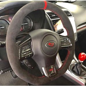 Funda para volante de coche con costuras rojas de cuero de ante negro cosido a mano para Subaru WRX STI 2015-2020212F