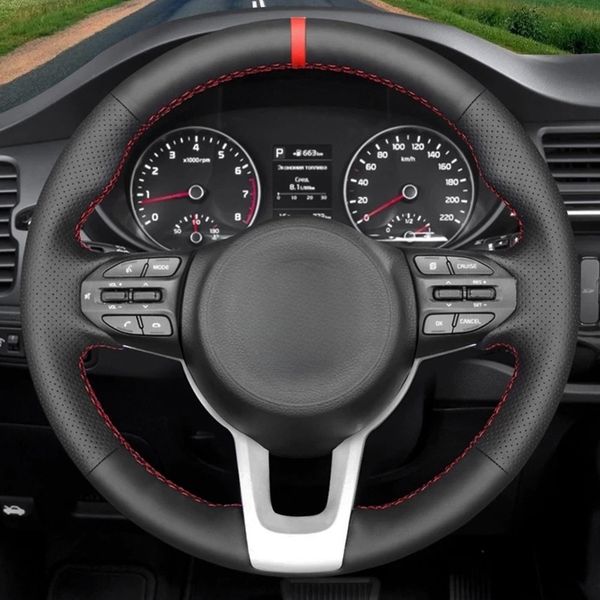 Accessoires de voiture cousus à la main Couvercle de volant de voiture en cuir artificiel noir pour Kia Rio Rio5 K2 Picanto Morning 2017-2019