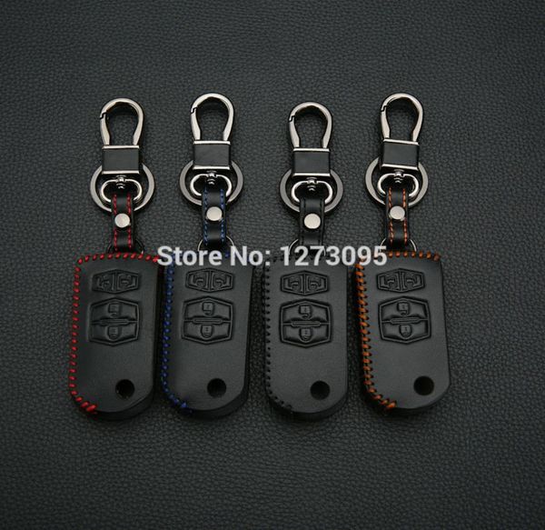 Couverture de couverture clés de voiture en cuir cousue à la main Mazda 2 Mazda 3 Mazda 5 Mazda 6 Mazda 8 4 Boutons Pliant Keychain FOB1803410