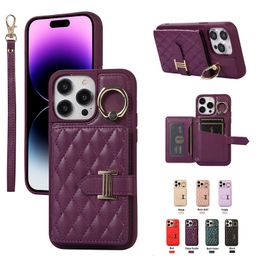 Dragonne Fente Pour Carte Anneau Stand Pu Cuir Téléphone Cas Pour Iphone 14 Pro Max 13 12 11 Pro XR XS MAX 7 8 SE Samsung S20 S21 S22 plus S23 Ultra Mode Femmes Béquille Couverture