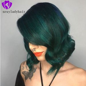 Atado a mano Color verde oscuro Corto Bob Peluca ondulada Resistente al calor Sintético lleno del frente del cordón Pelucas de las mujeres con el pelo del bebé rayita natural