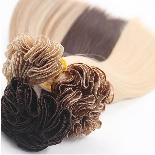 Trama de cabello atado a mano, extensiones de cabello liso y sedoso, cabello humano hecho a mano, tejido de trama, Color negro, marrón y rubio, 100 gramos