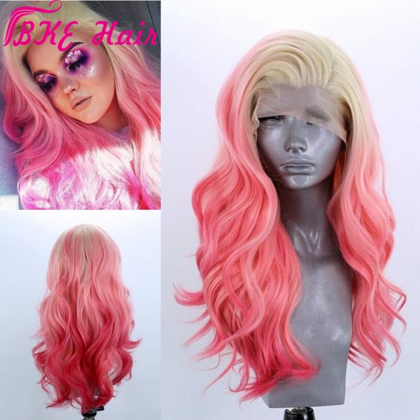 Main attachée Ombre rose longue ondulée 360 dentelle pleine perruque de cheveux partie latérale sans colle synthétique avant de lacet perruques pour Cosplay maquillage