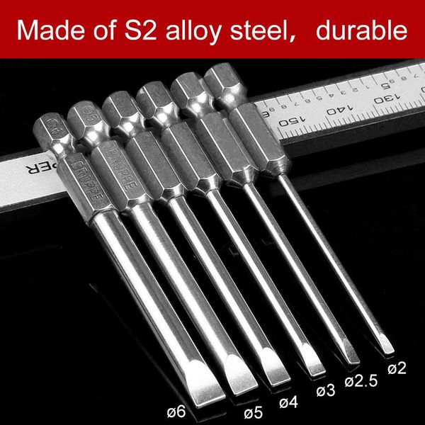 Outils à main Alloy Steel Plat Head Tip à fente Tourneurs magnétiques Bits 6PCS / SET 75 mm 2,0-6,0 mm de qualité supérieure Silverhand