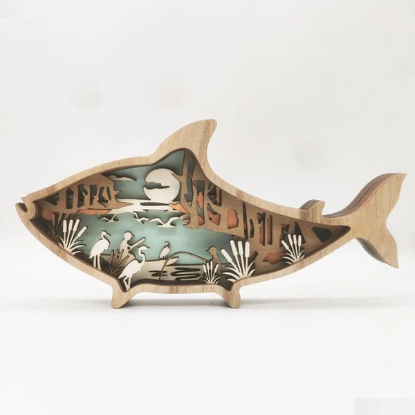 Outils à main Nouveau animal marin artisanat en bois créatif vent sculpture décoration de table de poisson avec lumière 3D dans la livraison directe de la pièce à la maison Sp Oteo6