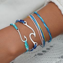 Hand Weave Weave Fish Hook Charm Armband Verstelbare Multilayer Wrap Armbanden Dames Zomer Beach Sieraden Will en Sandy