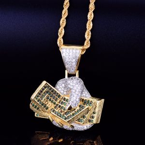 Main avec argent Dollar pendentif en or collier personnalité chaîne or argent glacé zircon cubique Hip hop Rock bijoux