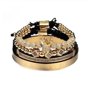 Pulsera trenzada tejida a mano Hip-hop dorado Hombres CZ Circón Corona Número romano Joyería Brazalete