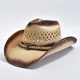 Sombrero de vaquero occidental de paja natural tejida a mano para mujeres Hombres de verano Summer Beach Sun sombreros de paja configurables 240412