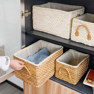 Hand-geweven opbergmand huishoudelijke wasgoed rieten manden met handgrepen Functionele bureau organiseren container home decor 210609
