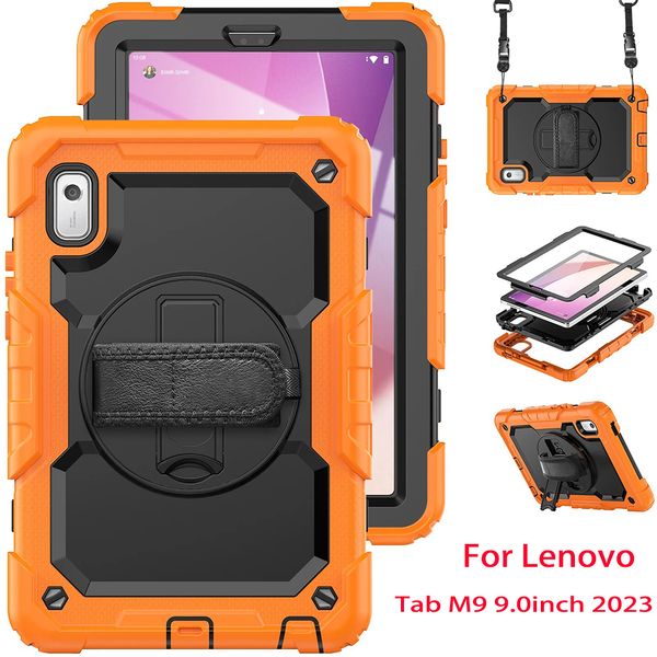 Correa para muñeca de mano Estuche con soporte giratorio 360 para Lenovo Tab M9 K9 9.0 pulgadas TB310 Armadura híbrida Estuches de cubierta seguros para niños resistentes a prueba de golpes + Soporte para bolígrafo S + Película PET + Correa para hombro