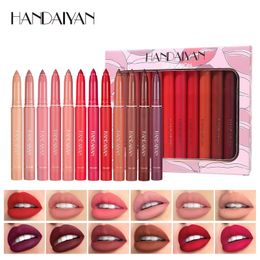 Handaiyan 12 colores set lápiz labial mate desnudo delineador de labios lápiz de labios de terciopelo impermeable pigmentos rojos atractivos tinte de maquillaje de larga duración 240123