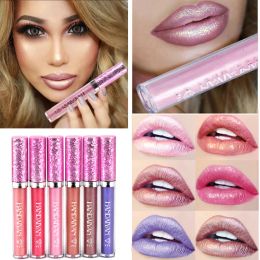 Handaiyan Brillo de labios lápiz labial líquido Tubos Brillo Metálico Impermeable Brillo de diamante Taza antiadherente Encanto Maquillaje de larga duración Brillo de labios